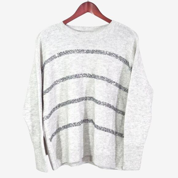CeCe Sweaters - CeCe Sparkle Stripe Sweater Light Gray Sparkle Knit Size S Cozy